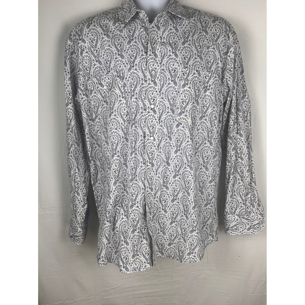 Panhandle Rough Stock Shirt Mens Medium White Blue Paisley Western Snap Button